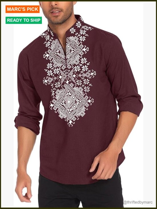Other - Men's African Print Henley Shirt Long Sleeve Zip Up Cotton Linen